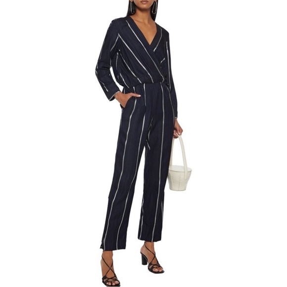 Maje Pandora Navy Blue Woven Stripe Twill Jacquard Jumpsuit Panti Marine Sz 38 M - Picture 14 of 14